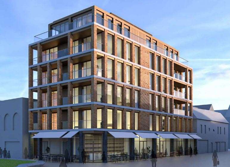 The six storey apartment block will dominate the corner of Market Place and Market Street in Dartford. Photo credit: COVEBURGESS