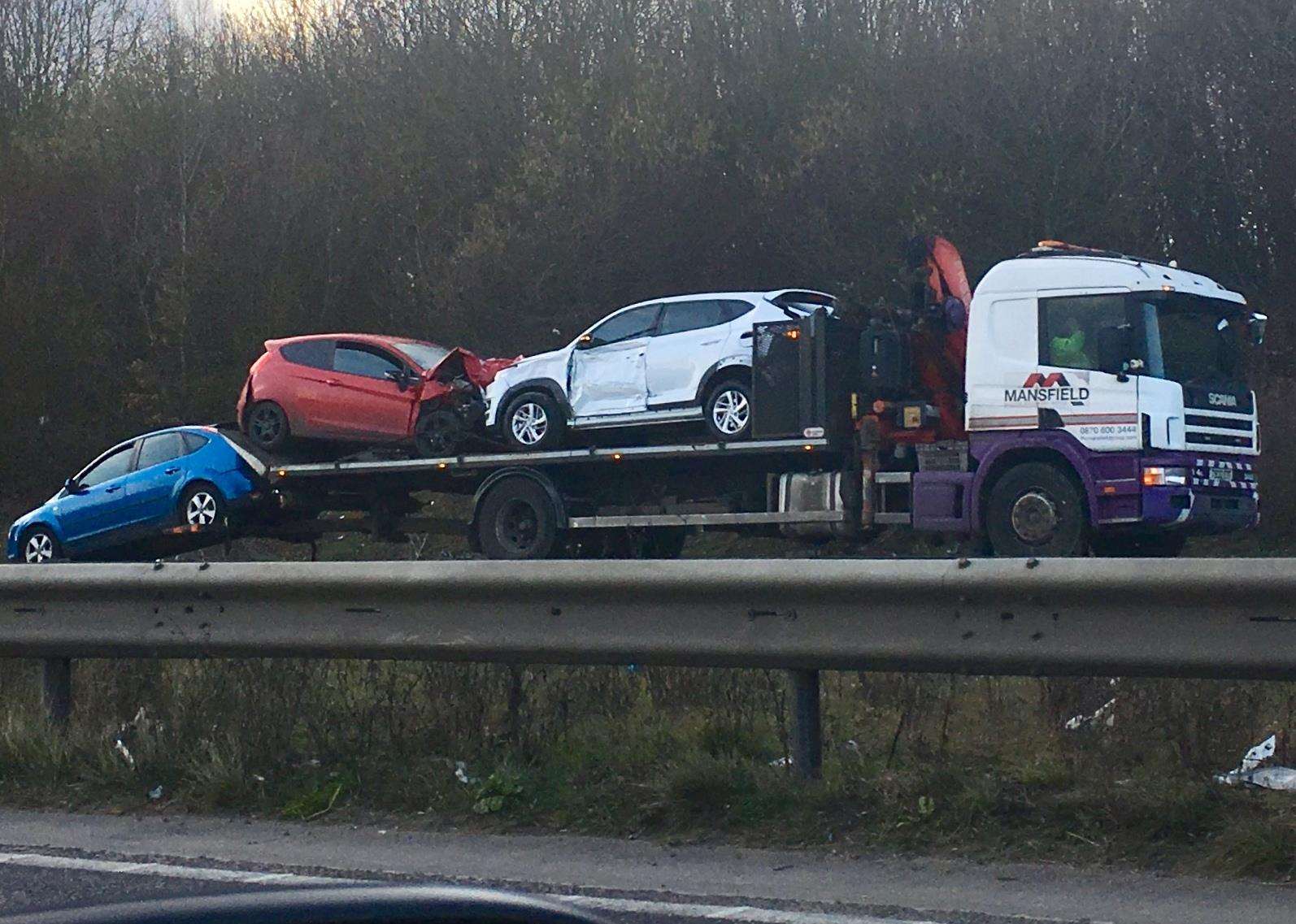 Some of the damaged vehicles involved in the crash. Picture: Bata Laszlo