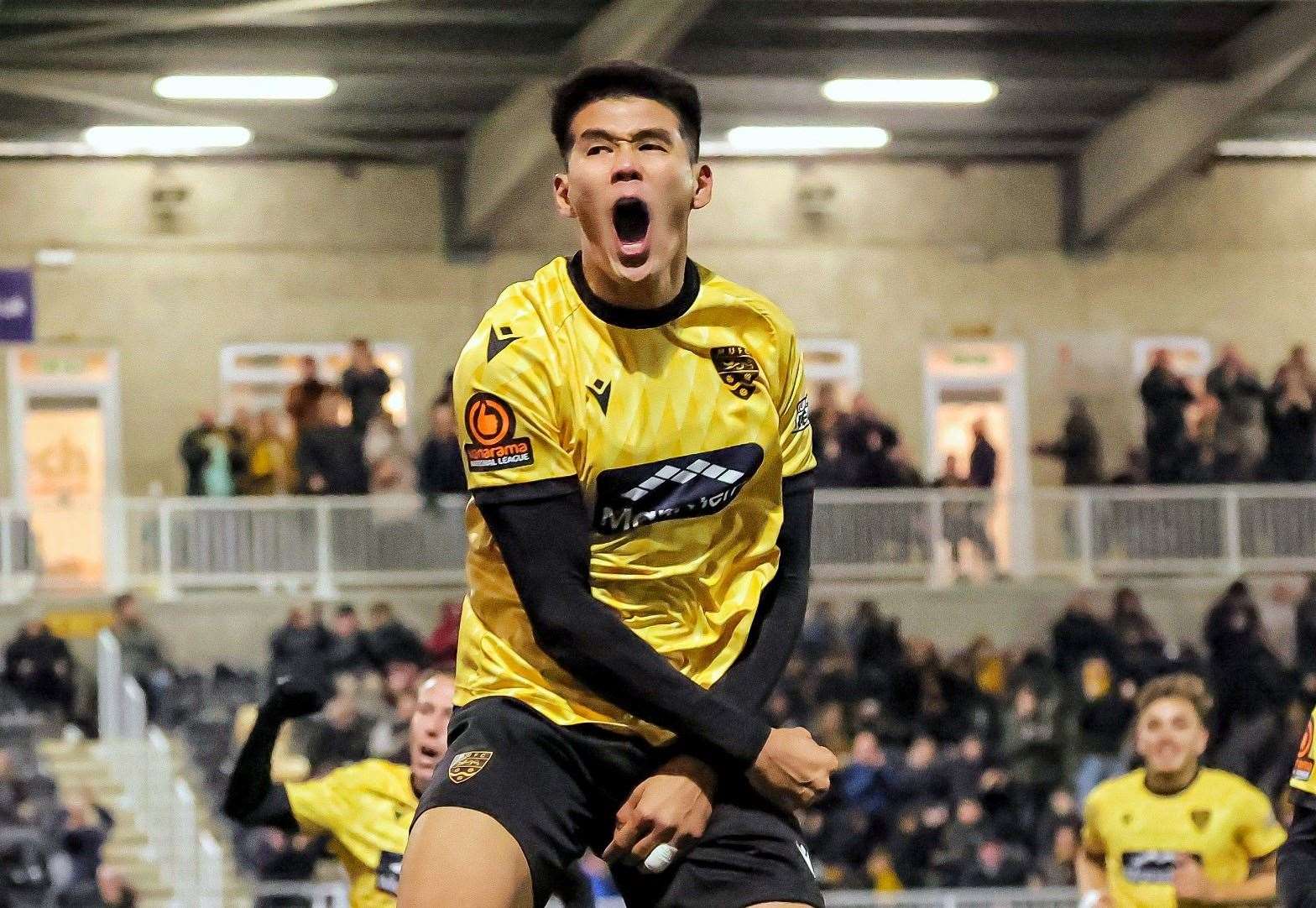 Bivesh Gurung celebrates his 25-yard wonder strike against Eastbourne. Picture: Helen Cooper