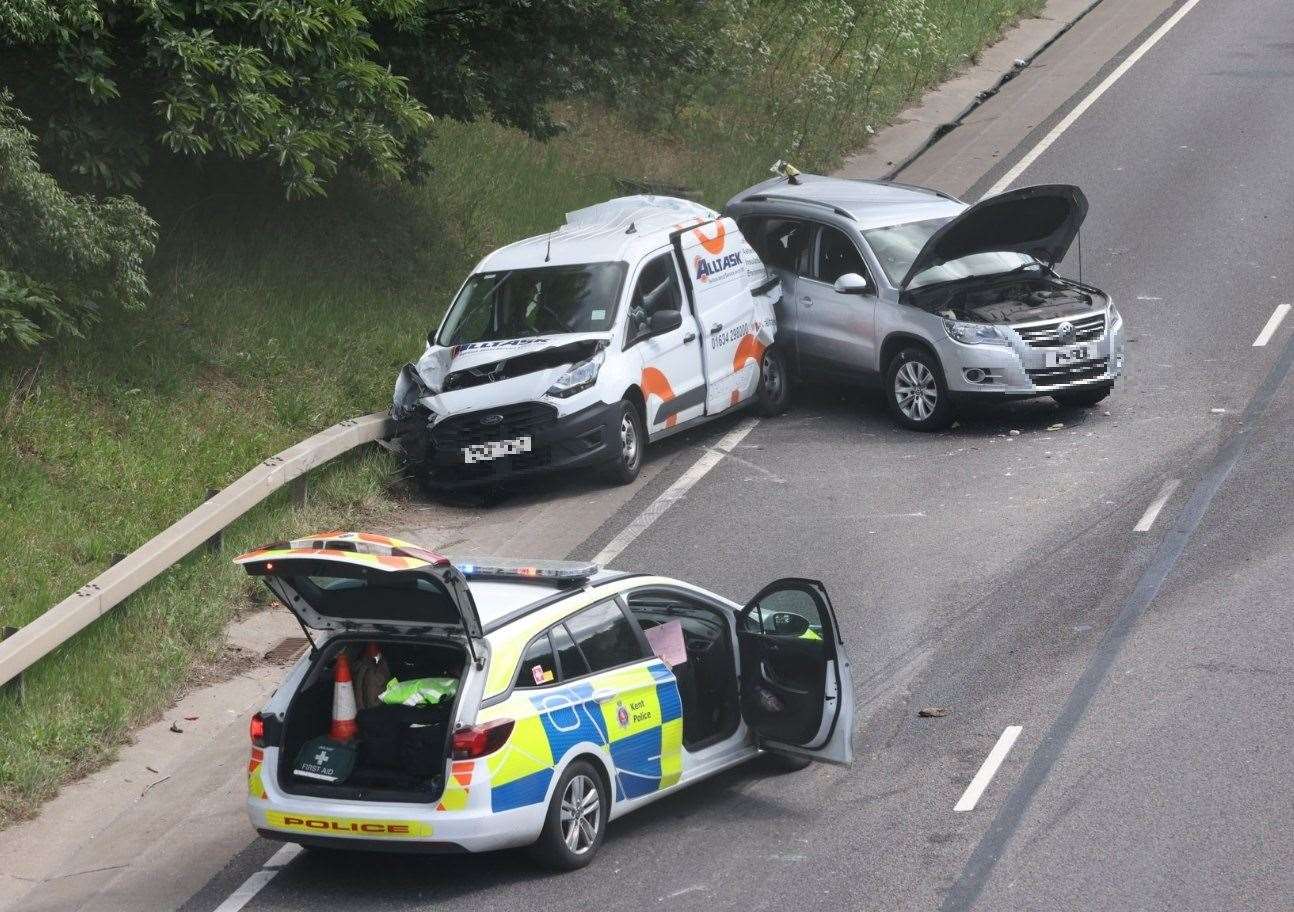 Two injured in crash which closed the Sheppey-bound carriageway of the A249 at Bobbing. Picture: UKNIP