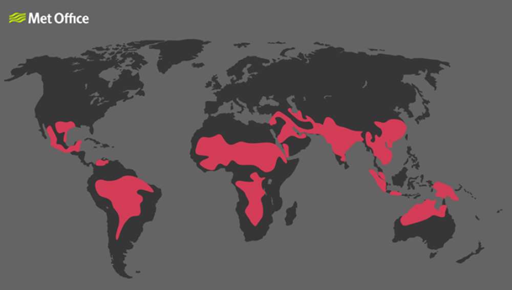 Areas facing heat stress of more than 10 days per year at 4C of global warming (Met Office/PA)