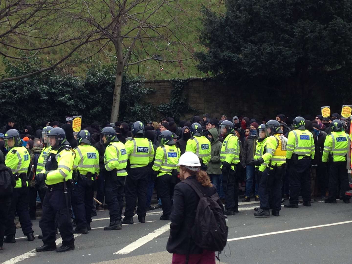 Refugees are Welcome protesters were kept back by police as the National Front and South East Alliance marched past