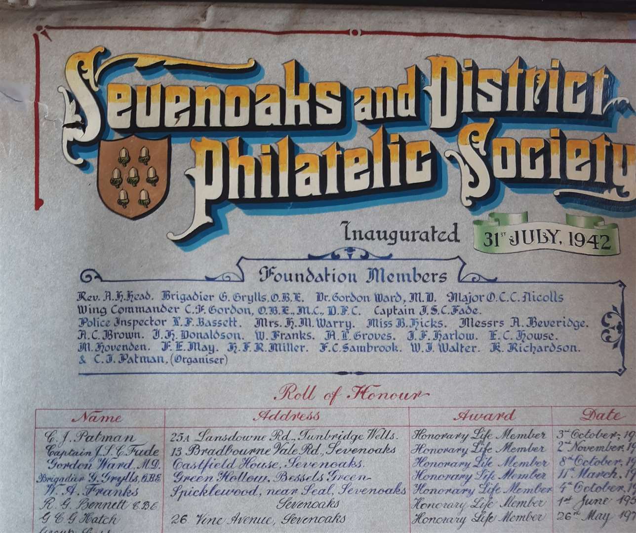 The foundation scroll of the Sevenoaks and District Philatelic Society, from 1942