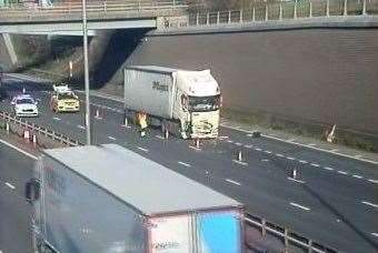 The lorry blocking lanes on the clockwise M25 just after the Dartford Crossing. Picture: National Highways