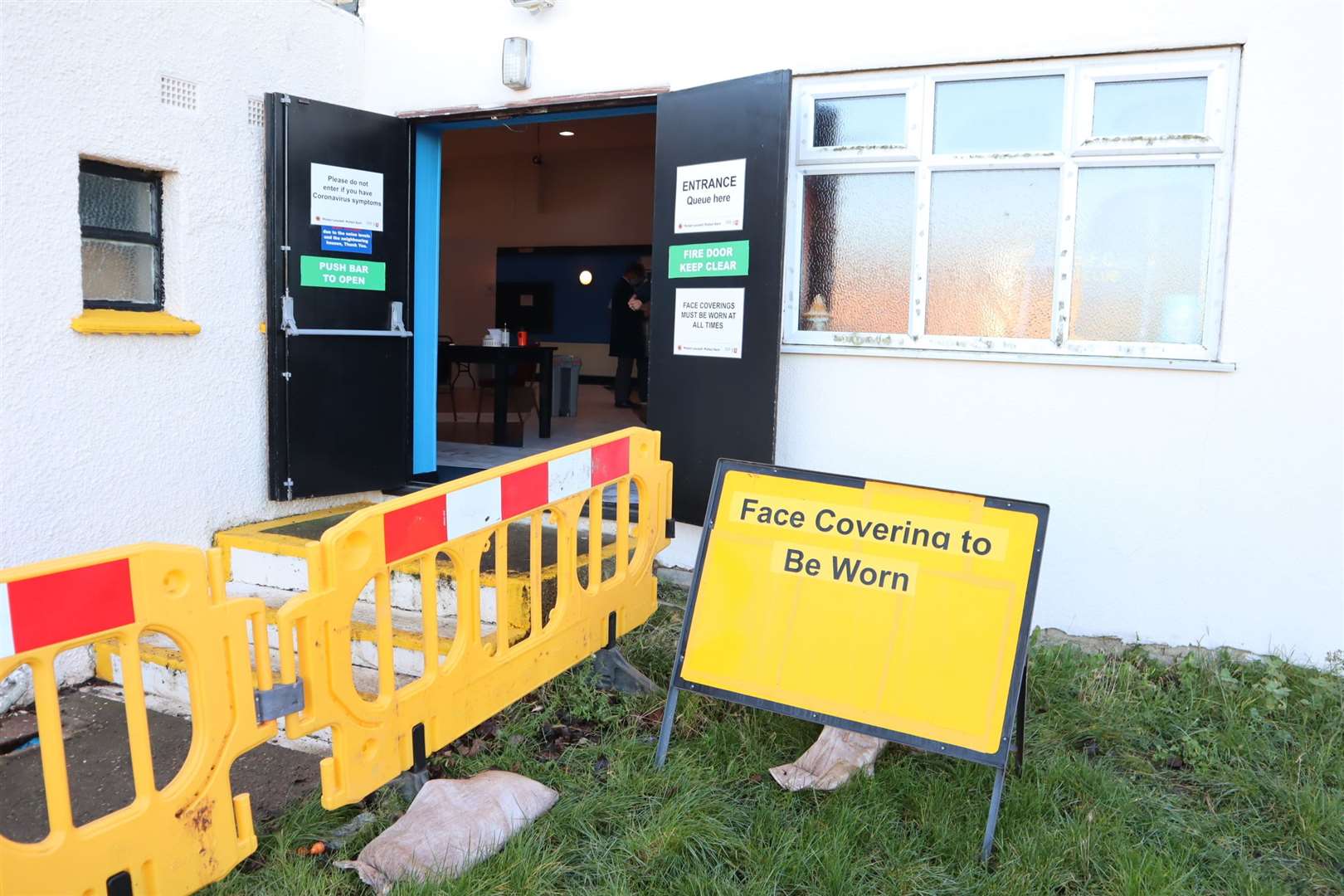 New-look entrance to Sheerness East WMC, Halfway, which is now a mass testing Covid centre