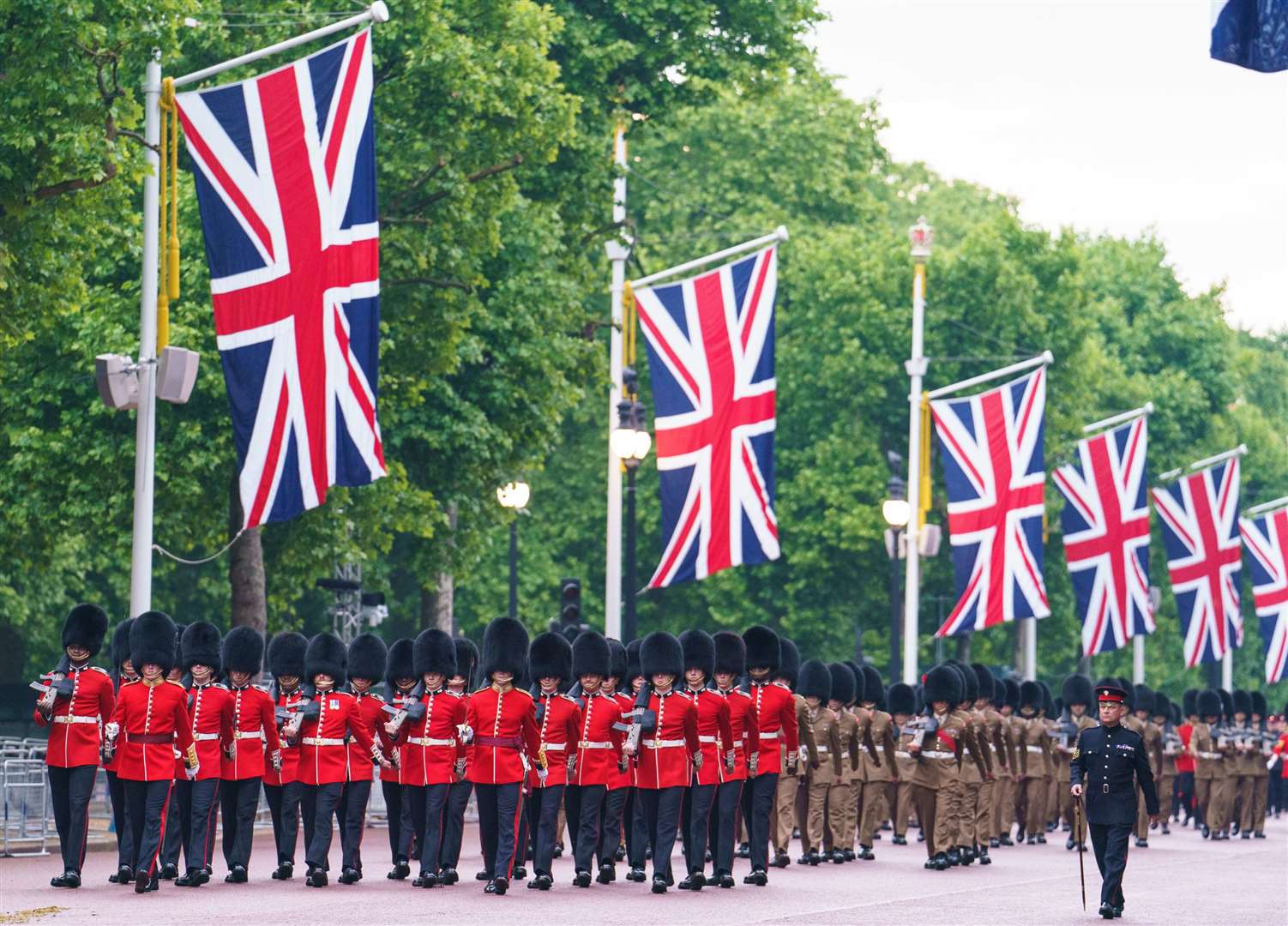 Troops march on The Mall during an early morning rehearsal on Tuesday ahead of Sunday’s Platinum Jubilee Pageant (Dominic Lipinski/PA)