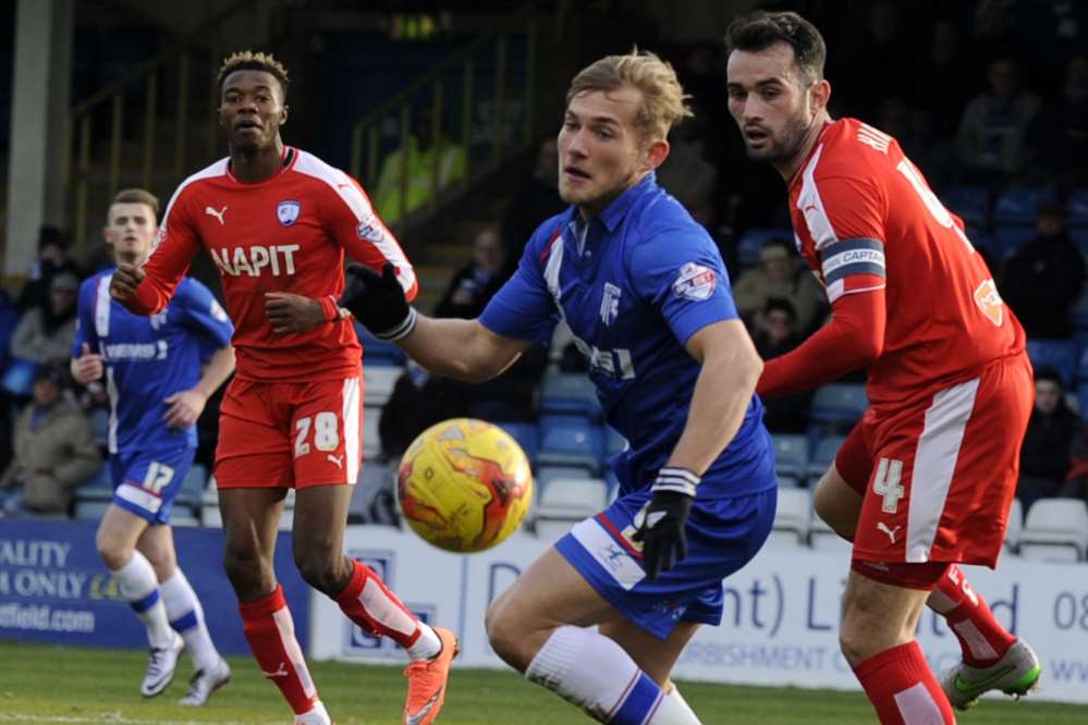 George Williams toils for Gills during Saturday's defeat to Chesterfield Picture: Barry Goodwin