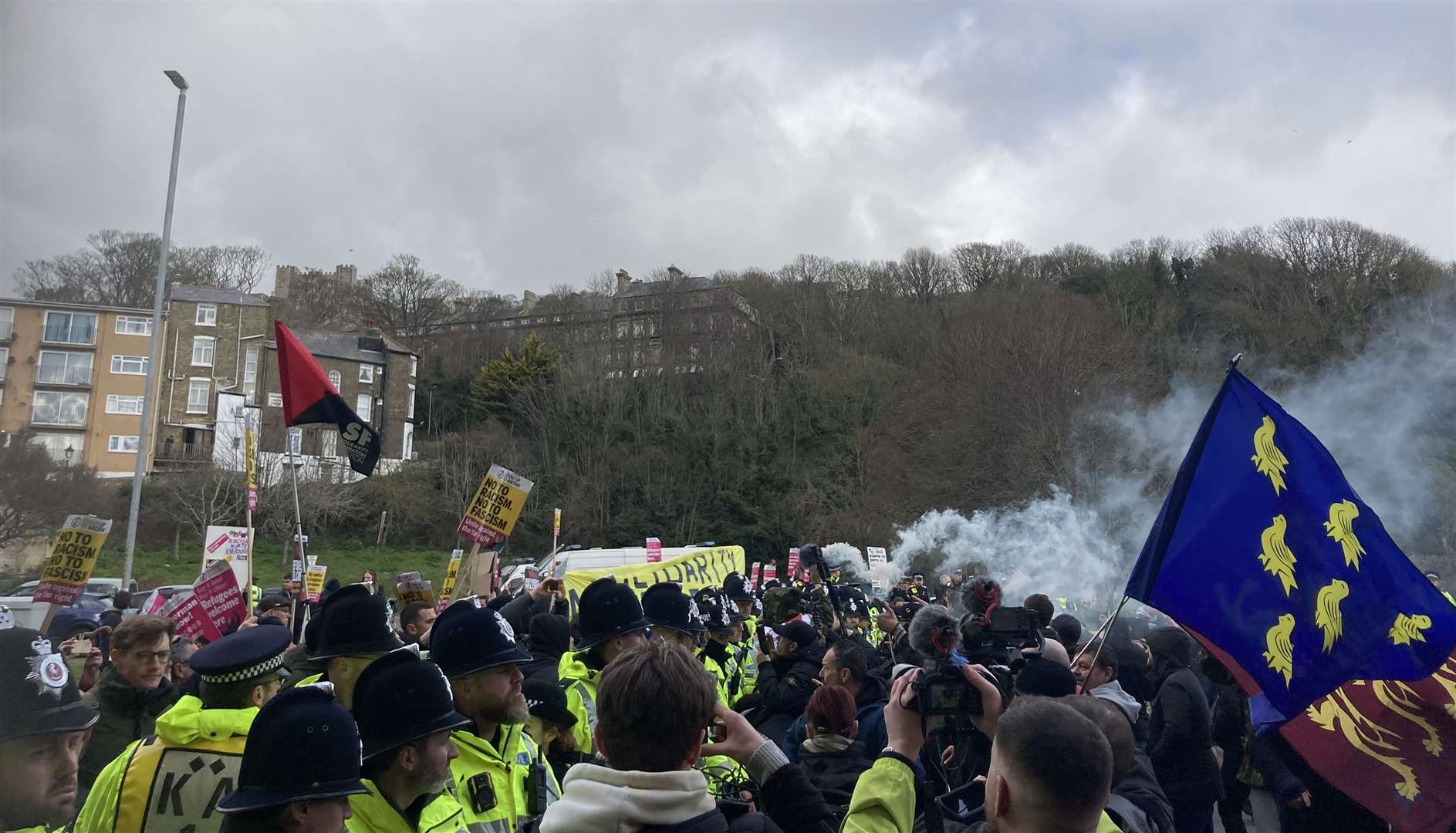A flare was let off during the rally in Dover