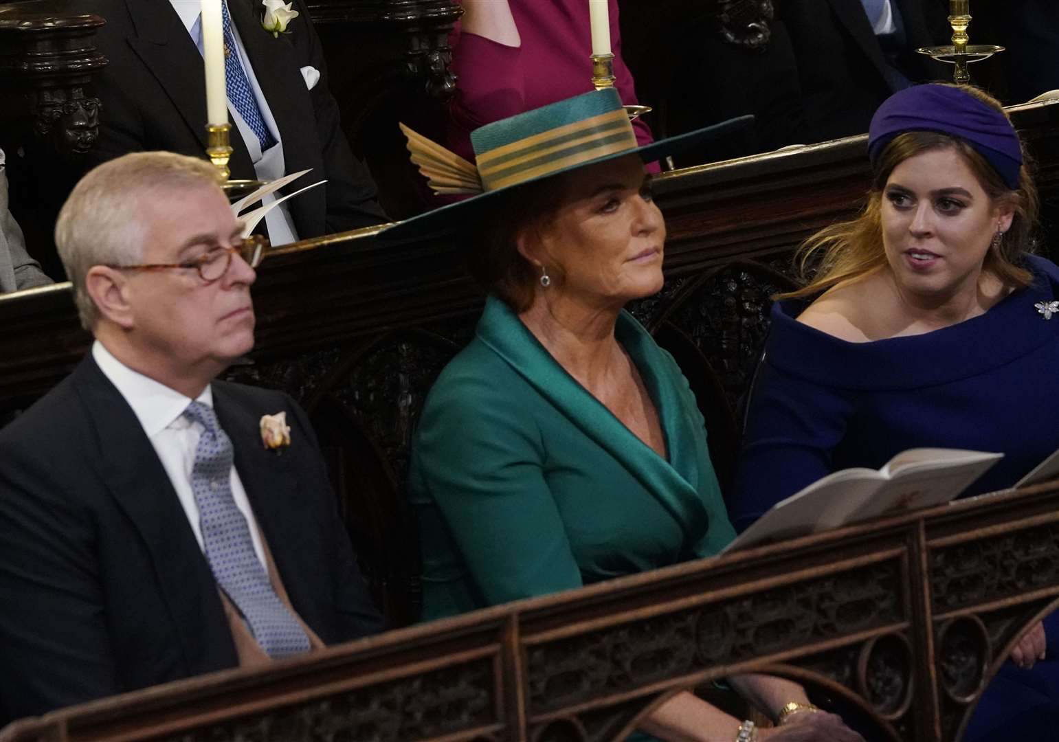 The Duke of York, Sarah, Duchess of York and Princess Beatrice at the wedding of Princess Eugenie to Jack Brooksbank at St George’s Chapel in Windsor Castle (Danny Lawson/PA)