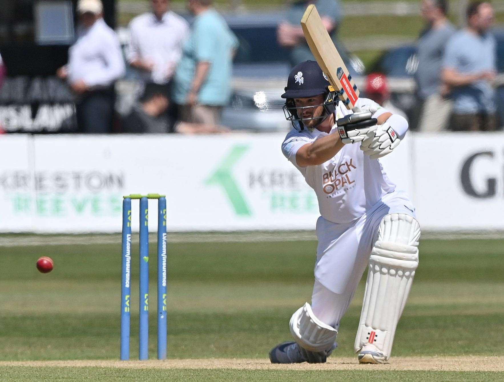 Ollie Robinson drives through the covers in Kent's draw with Surrey at Beckenham. Picture: Keith Gillard