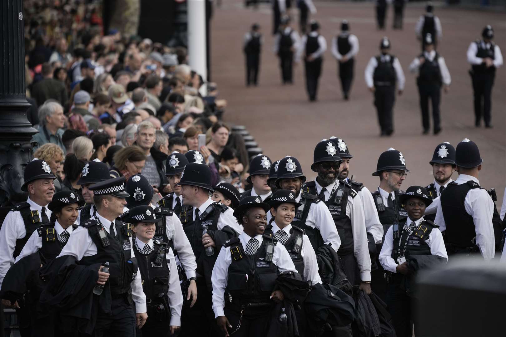 Police officers ahead of the ceremonial procession of the coffin of Queen Elizabeth II from Buckingham Palace to Westminster Hall, London (Vadim Ghirda/PA)