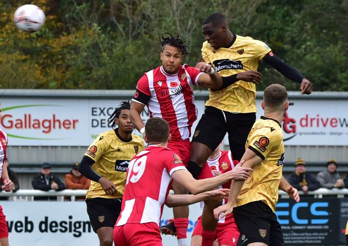 Maidstone Temi Eweka heads home the winning goal. Picture: Steve Terrell