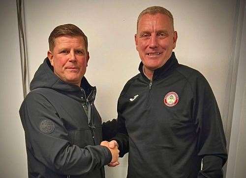 Clint Gooding (left) takes over as manager of Hollands & Blair from interim boss and club chairman Paul Piggott Picture: Hollands & Blair FC