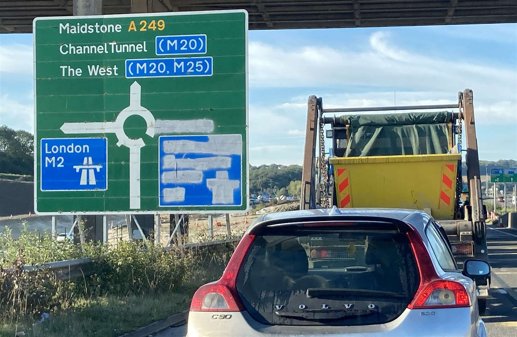 Direction sign at Stockbury roundabout reminding motorists that the coastbound slip roads are now closed until January