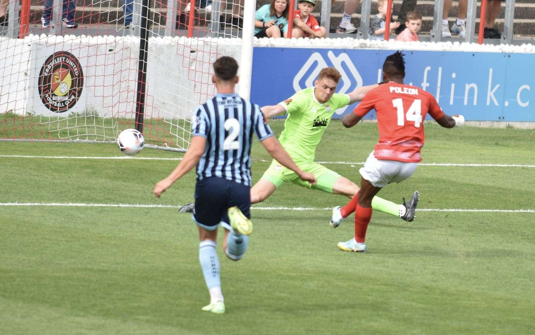 Dominic Poleon scores Ebbsfleet's first goal against Bath. Picture: Ed Miller/EUFC