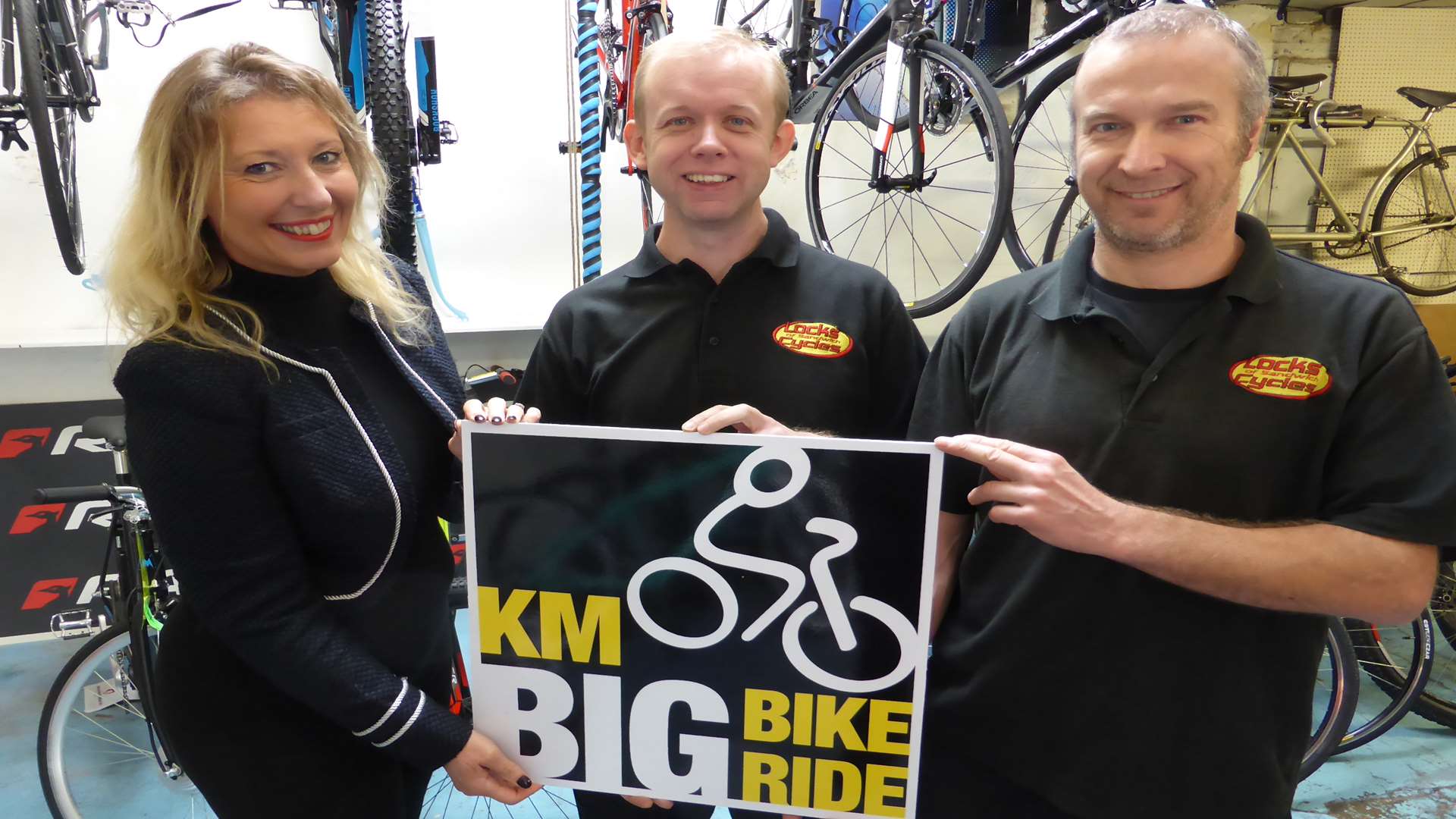 Lisa Craig of the KM Charity Team with Martin Hayes and Andy Croucher of Locks of Sandwich Cycles, which is the official 100K cycling event partner of the KM Big Bike Ride 2016.