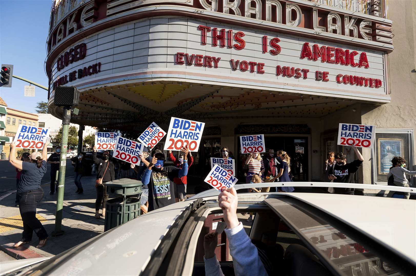 The Democrat victory was celebrated in Oakland, California ((Noah Berger/AP)