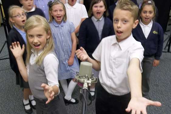 Isabel, seven, and Daniel, 11, of Bromstone Primary School taking part in the 2014 Walk to School Song Contest