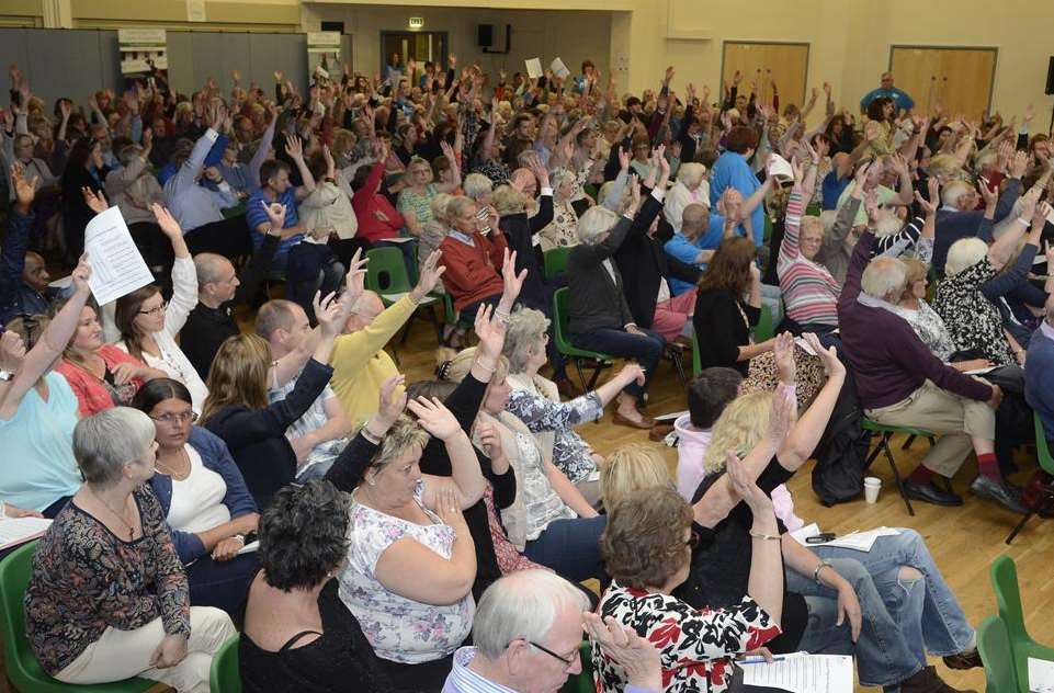 The packed hall for the meeting on the future of the Pilgrims Hospice in Canterbury held at Canterbury Academy