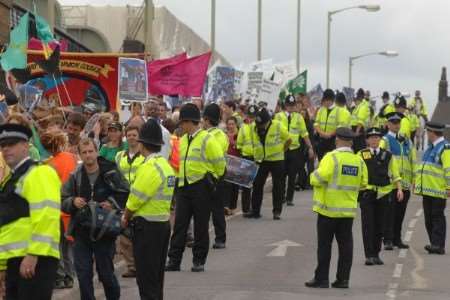 A strong police presence as the march gets under way. Picture: Barry Crayford
