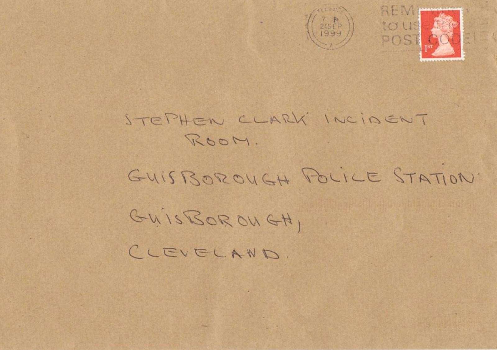 The envelope for the letter to Guisborough Police Station posted in 1999 (Cleveland Police/PA)