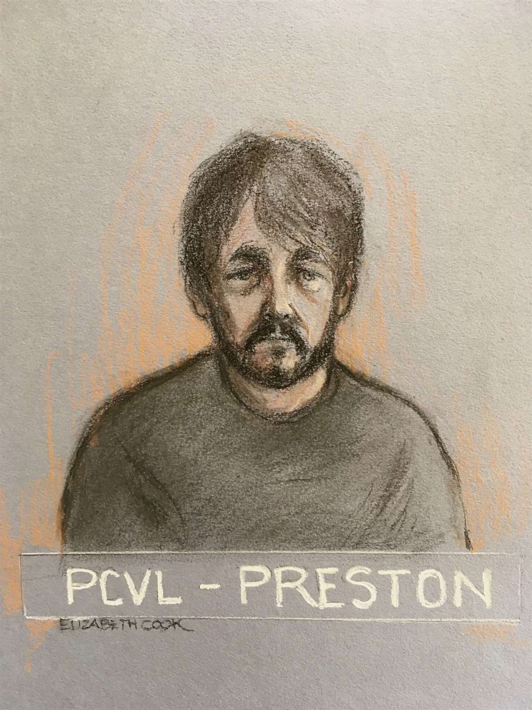 Court artist sketch of Andrew Burfield as he appeared in court by video-link charged with the murder of Katie Kenyon (Elizabeth Cook/PA)