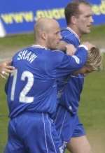 Paul Shaw celebrates his winning goal against Bradford. Picture: GRANT FALVEY