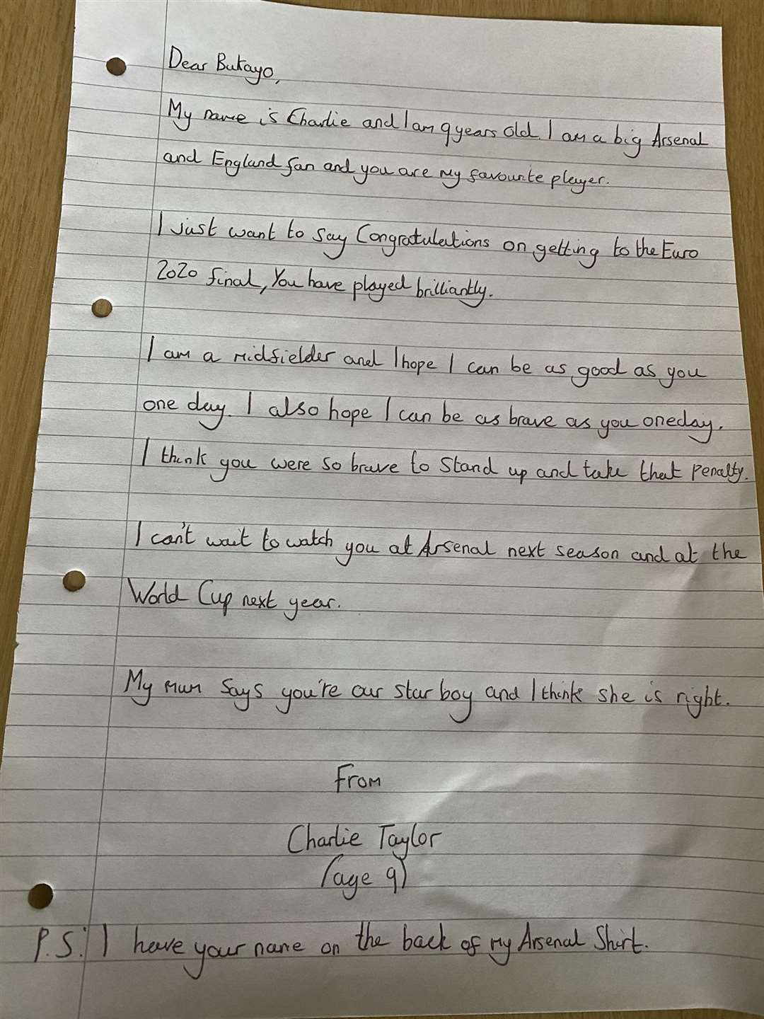 Charlie’s handwritten letter to Saka (Amy Taylor)