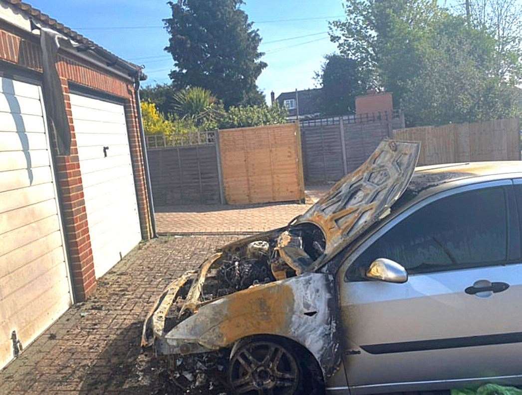 The Ford Focus which was destroyed in a fire in Elmstone Lane, Maidstone, last night