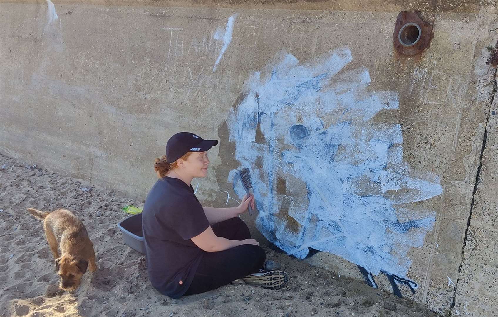 A woman tries to clean away the paint (@laserusuk/Twitter/PA)