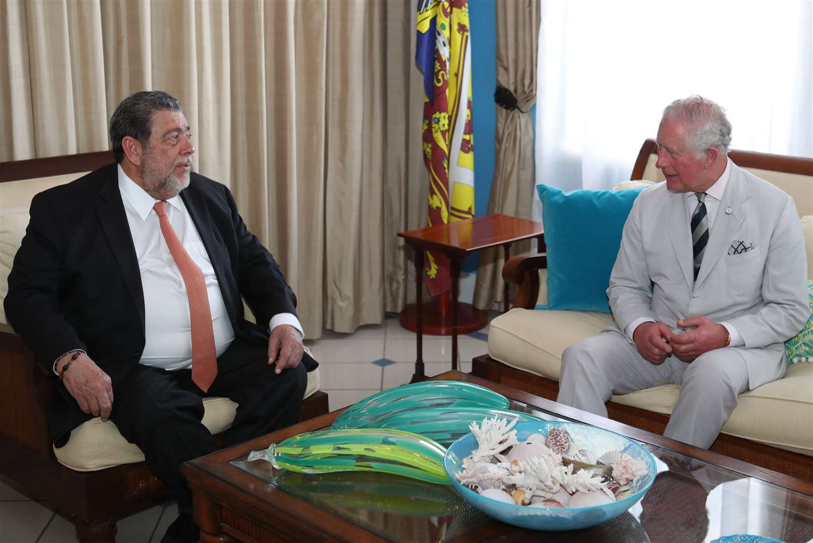 Charles (right) with Mr Gonsalves attend a reception at the Prime Minister’s official residence, in Kingstown, St Vincent and Grenadines, as part of a one day visit to the Caribbean island. (Jane Barlow/PA)