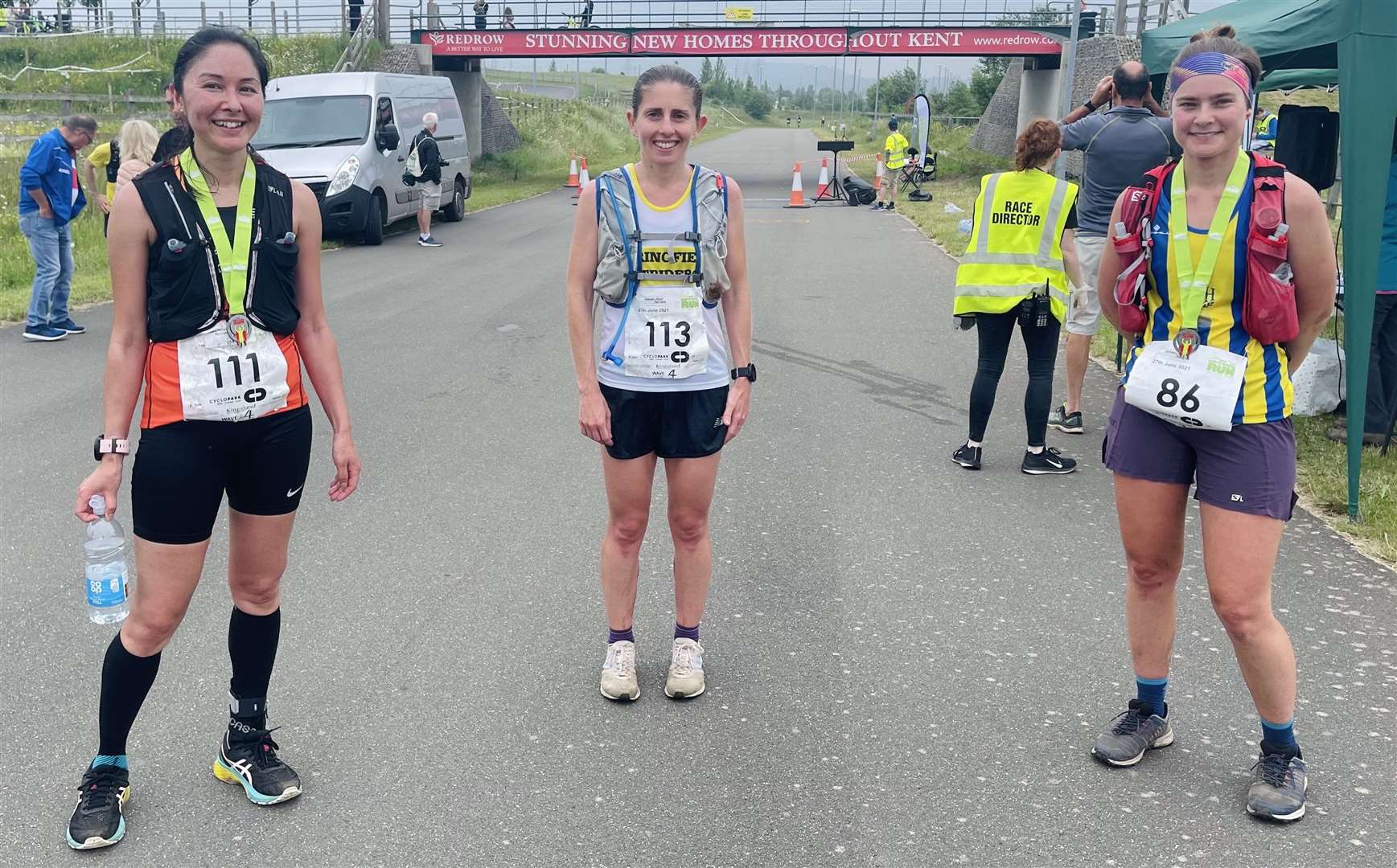 The leading women in the North Downs Run. First-placed Nikki Woodyard of Springfield Striders RC (centre) with second-placed Lara Bromilow (left) and third-placed Amelie Karlsson. Picture: Janet Murray (48759046)