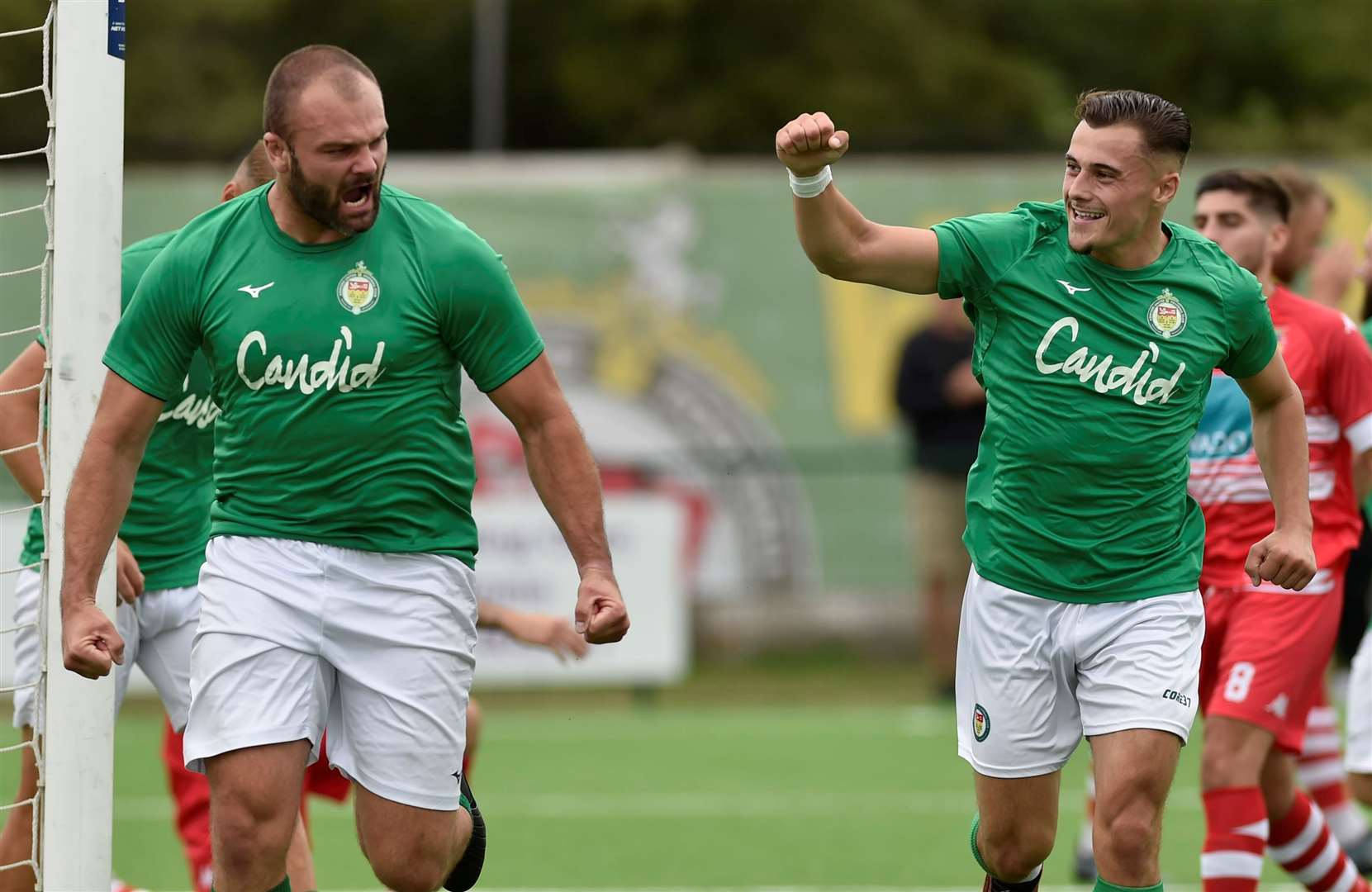 Ashford United striker Gary Lockyer celebrates after scoring his second goal on Saturday. Picture: Ian Scammell.