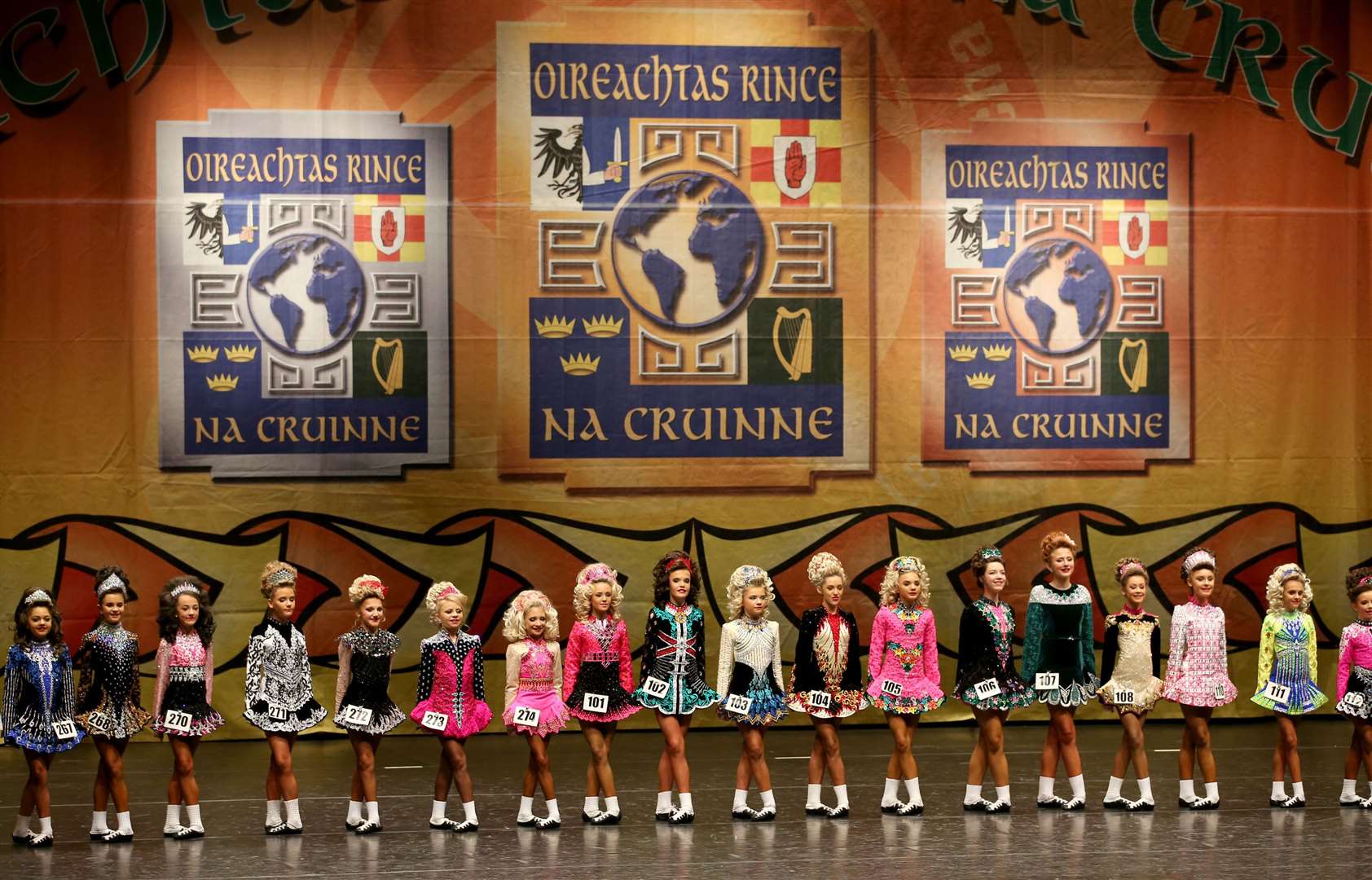 Dancers in the girls’ 12-13 competition take part in the 48th World Irish Dancing Championships at the Royal Concert Hall in Glasgow in March (Jane Barlow/PA)