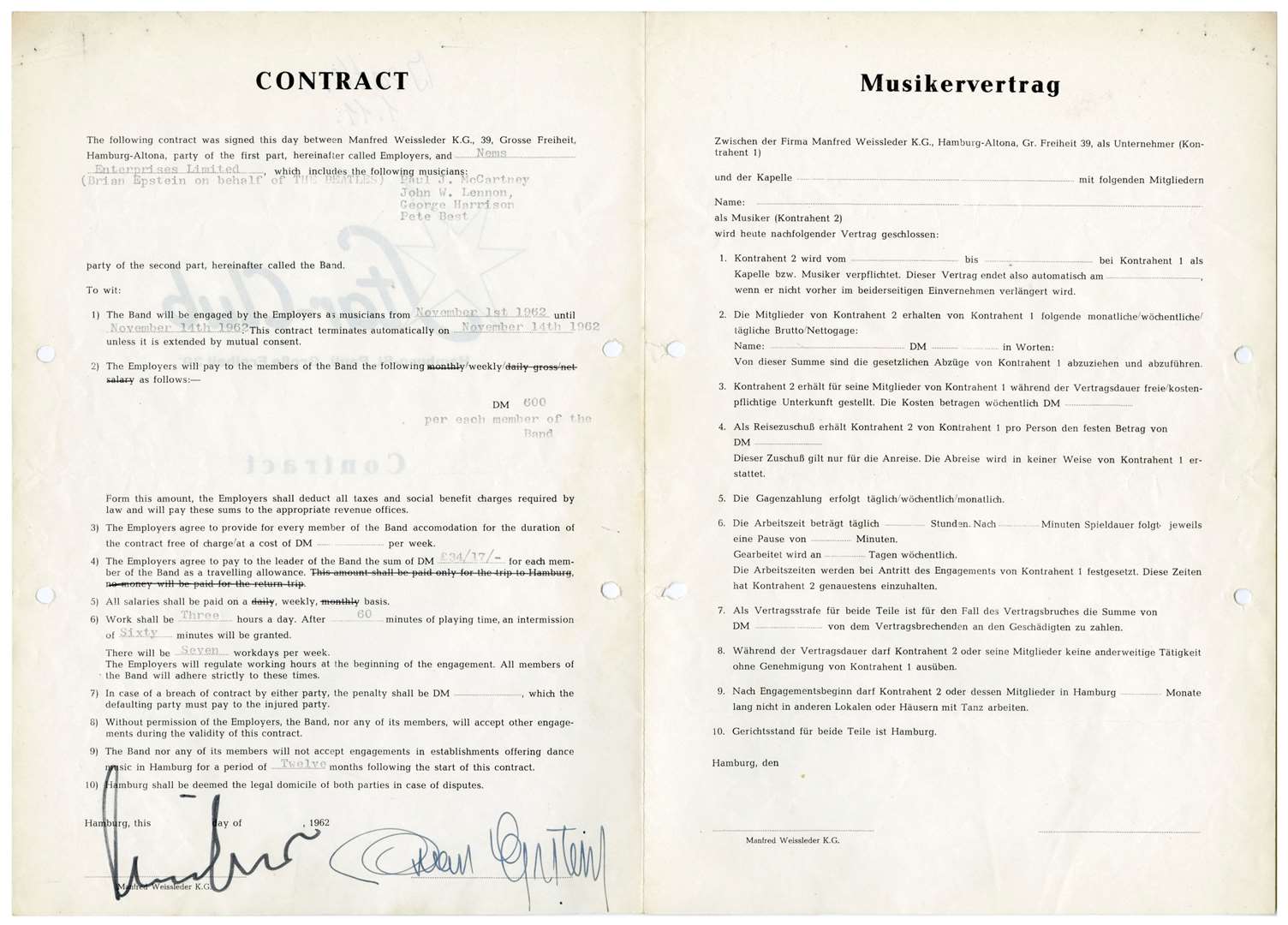 The original contract from 1962, for The Beatles to perform at one of their Hamburg residencies (TracksAuctions.com/PA)