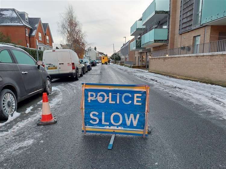 A Peugeot and a Volkswagen were in collision in icy weather in Ashford