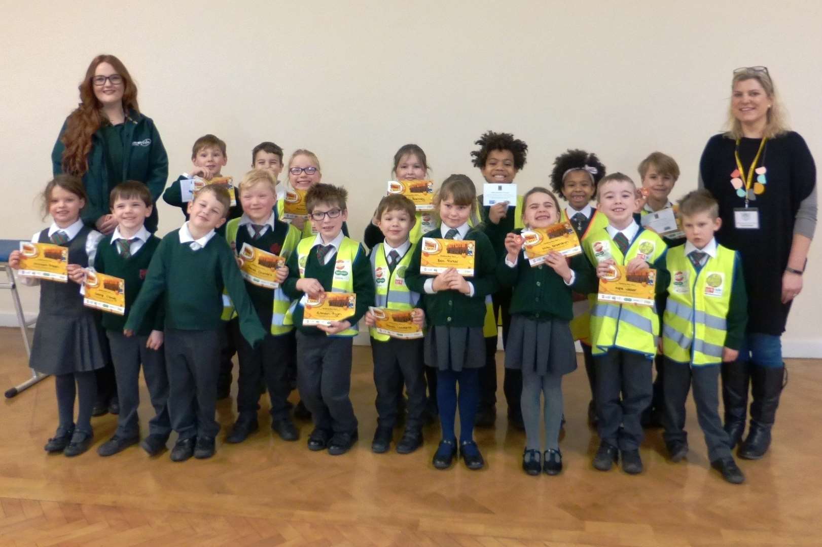 Langton Green Primary School's walking bus launch with Emily Geeson from Countrystyle Recycling, left, and walking bus coordinator Ellie Ryan, right.