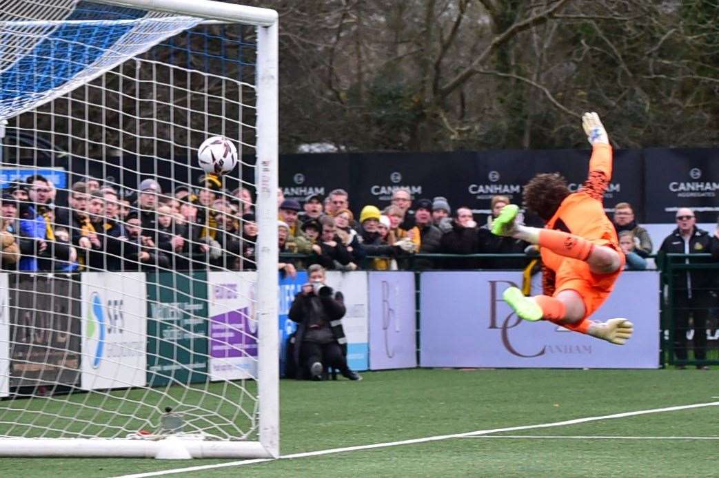 Aaron Blair's 25-yard strike hits the back of the net as Maidstone take a 2-1 lead at Tonbridge. Picture: Steve Terrell