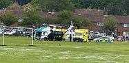 The air ambulance on the recreation ground near London Road, Canterbury