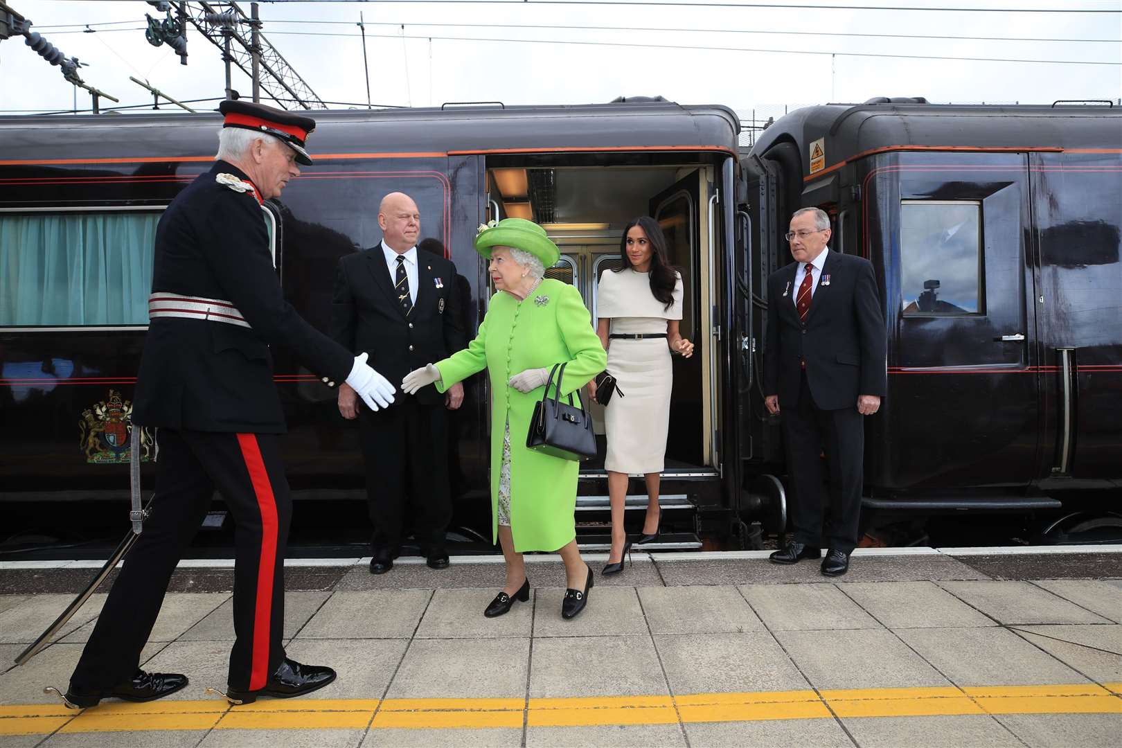 The Queen and Meghan arrive by Royal Train at Runcorn Station in June 2018 (Peter Byrne/PA)