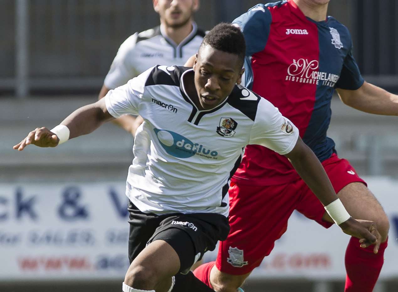 Dartford FC midfielder Ebou Adams and defender Ronnie Vint being ...