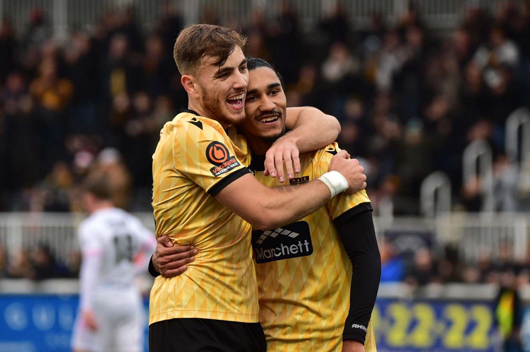 Antony Papadopoulos and Aaron Blair celebrate Maidstone’s third goal in the win against Farnborough on Saturday Picture: Steve Terrell