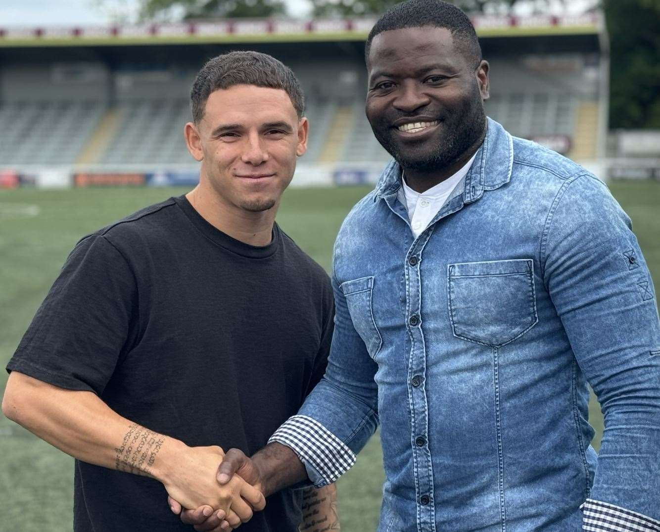 Charlie Seaman with Maidstone United manager George Elokobi. Picture: MUFC