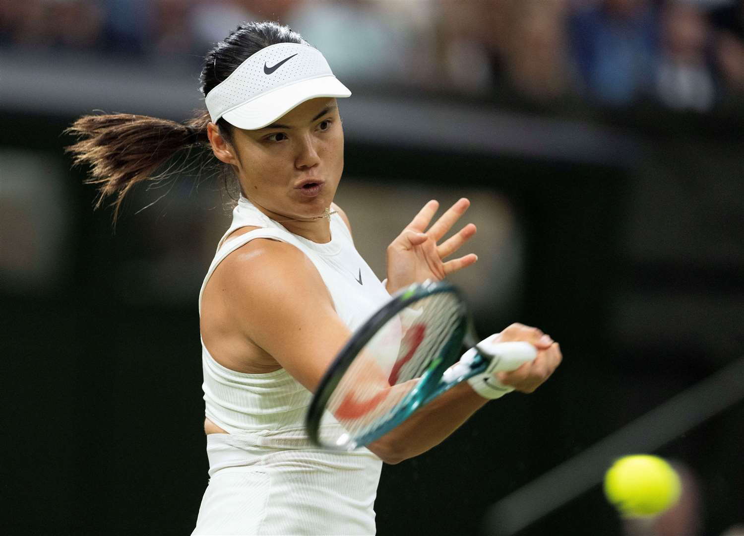 Emma Raducanu returns a shot with interest during her match against Maria Sakkari at Wimbledon. Picture: Reuters via Beat Media subscription