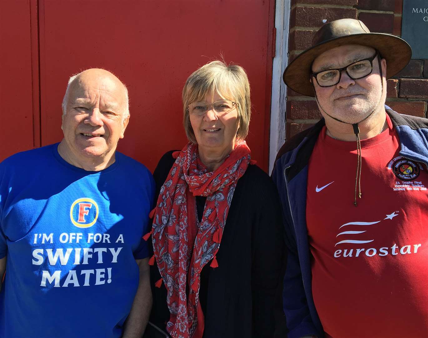 Left-right, Ebbsfleet fans David Barry, Sue Barry, and Mick Clark (10184293)