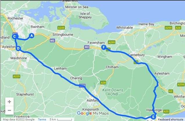 The diversion National Highways is putting in place for the M2 closure between Junction 4 at Gillingham and Junction 7 at Brenley Corner. Picture: National Highways