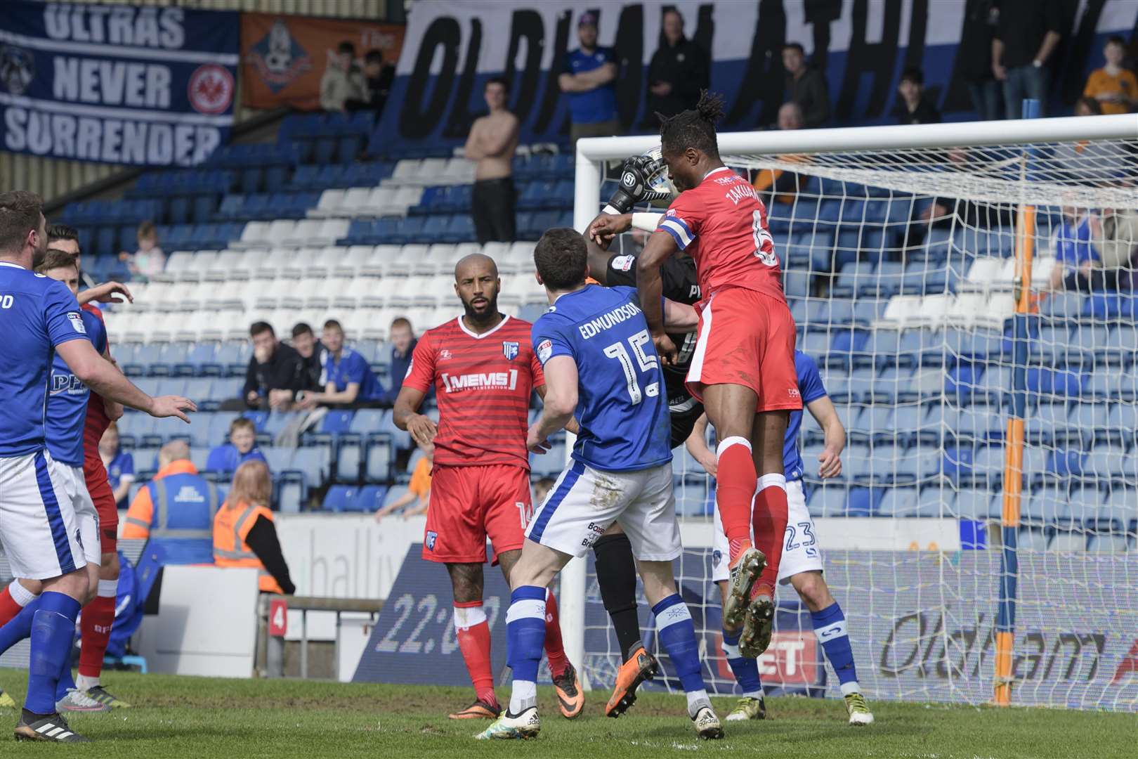 Gabriel Zakuani does aerial battle Picture: Andy Payton