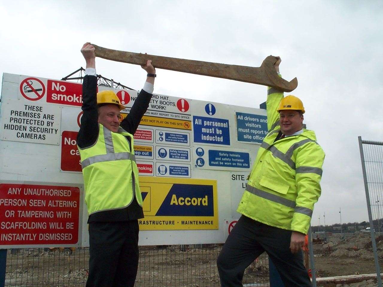 Trevor Goff of Dockside Developments, left, and Guy Shepherd, TryAccord project manager, holding a giant spanner found on site