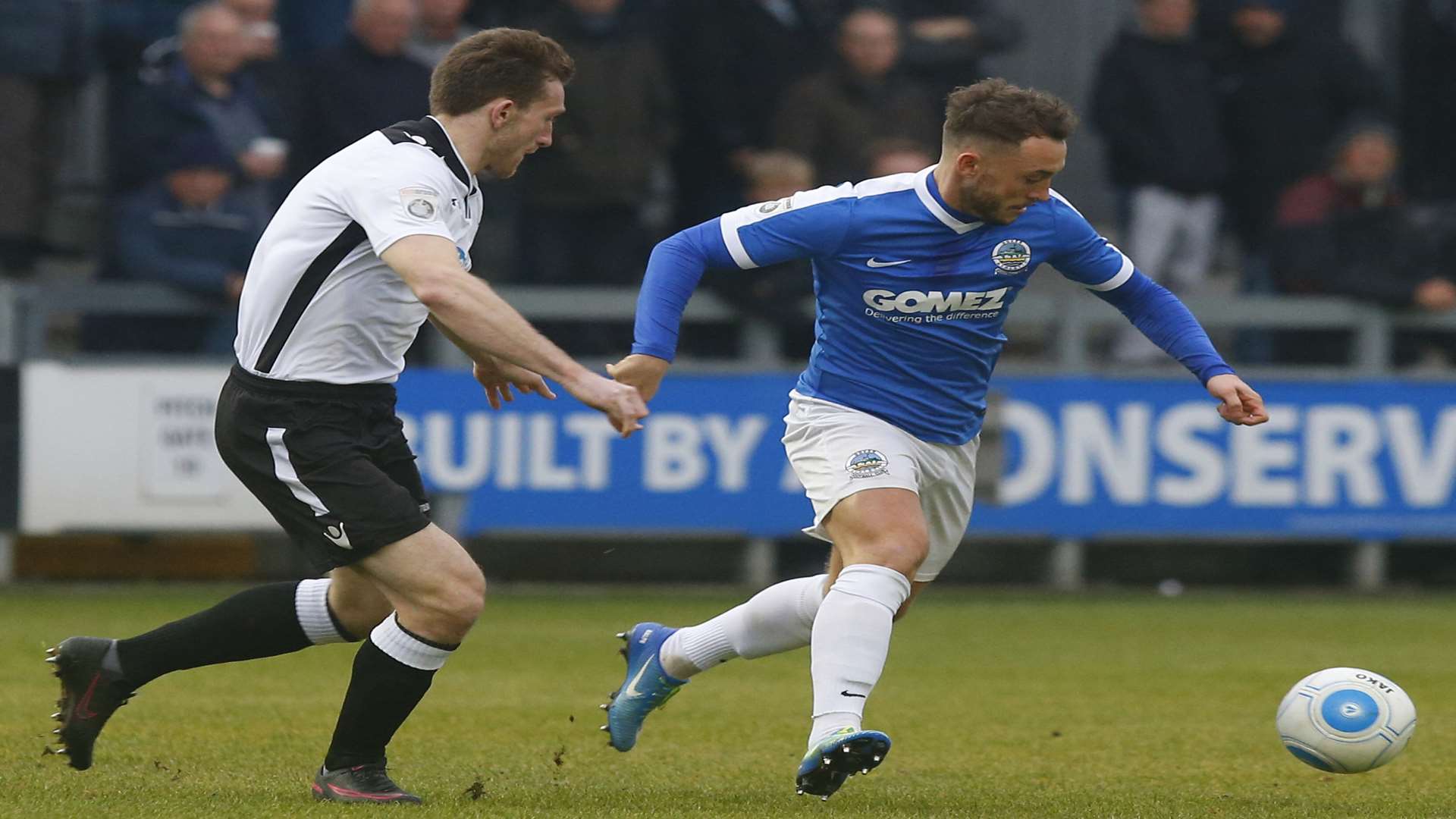 Ricky Miller on the ball for Dover at Dartford. Picture: Andy Jones