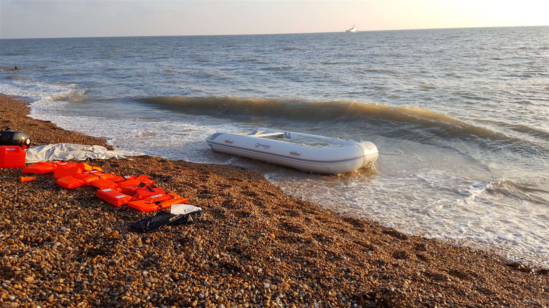 A dinghy and lifejackets found abandoned on the beach at Kingsdown in January 2019